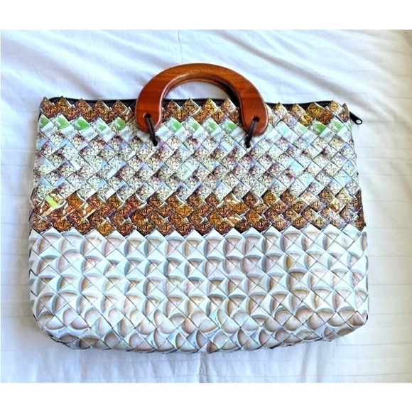 Womens Tote Hand Bag Purse Recycled Paper Wrapper Summer Top Zip Washable India - Picture 2 of 6